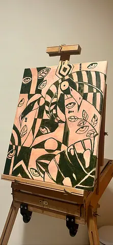 Original Abstract Painting — Green  Pink Eyes  Flamingos(Canvas)