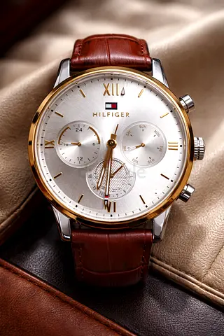 Tommy Hilfiger Mens Leather Chronograph Watch - Brown Strap, Gold Bezel
