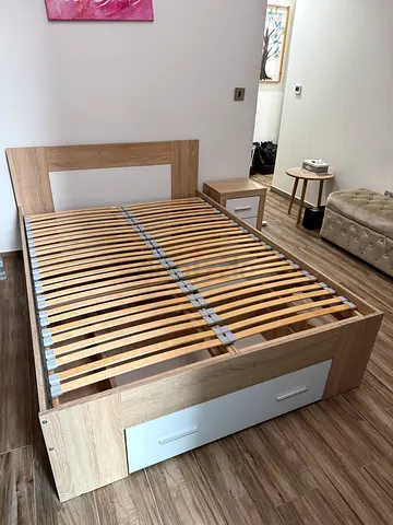 Modern Wooden Bed Frame with Storage and Bedside Table