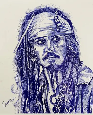 Original blue ballpoint pen drawing — signed pirate portrait