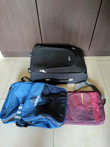 Set of 3 travel bags: black roller suitcase, Adidas backpack  maroon shoulder bag