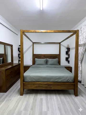 Elegant pure Wooden Canopy Bed with 2 bed side tables and Matching Dresser with detachable mirror