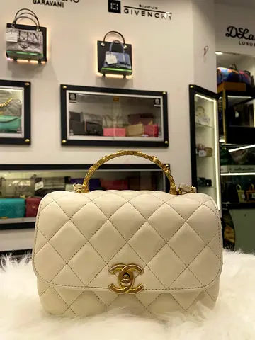 Chanel Small White Calfskin Crystal Top Handle Flap Bag (Authentic/PreOwned)