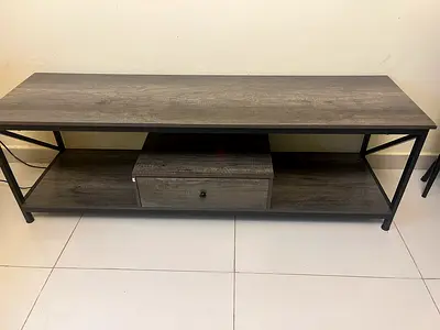 Grey wood TV stand with black metal frame - entertainment unit