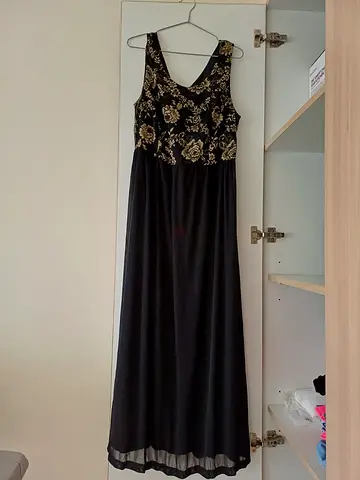 Black maxi evening dress with gold floral embroidery