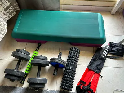 My home gym set — adjustable dumbbells 8 kg per 1 price , step platform, ab roller  foam roller