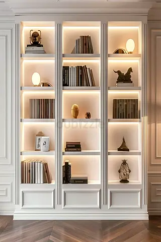 white built-in bookcase with integrated aLED shelf lighting