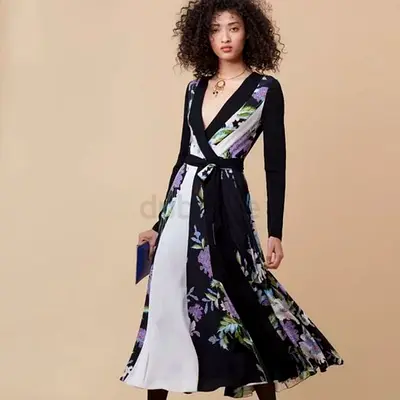 Diane Von Furstenberg   Floral silk Wrap Midi Dress with Belted Waist, Long Sleeves