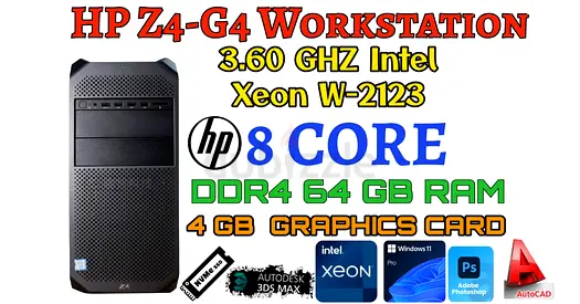 64GB RAM-HP Z4-G4 Workstation-3.60 GHZ Intel Xeon W2123-512GB NVME SSD-4 GB GRAPHIC CARD-WIN 11 PRO