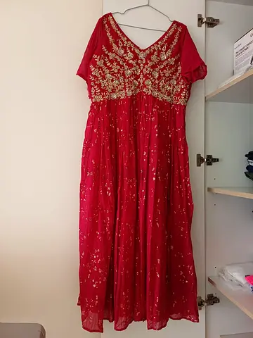 Red embroidered floor-length womens dress — V-neck, short sleeves
