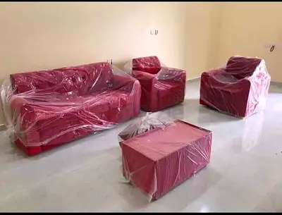 Red 3-seater sofa set with 2 armchairs and coffee table (covered)