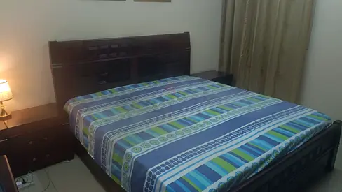 Panhome 2years old very good condition Double Wooden Bed Frame with Headboard and 2 Nightstands