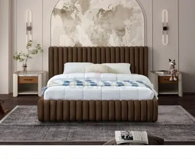 Brown upholstered platform bed with tall channel headboard
