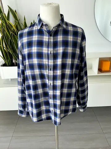 Kooples: Mens blue plaid button-up shirt (casual flannel)