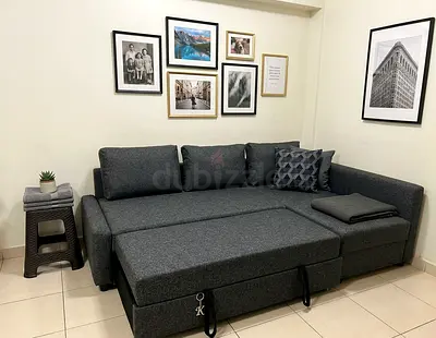 Stylish L-shape sofa bed available, modern design with hidden storage. Perfect for small apartments.