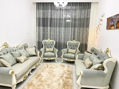 Elegant Living Room Sofa Set in Soft Blue and Cream