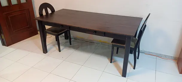 Used solid dark wood rectangular dining table with 2 chairs