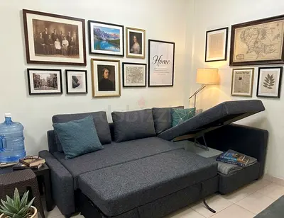Easy-to-open sofa bed with strong metal mechanism and soft foam seating.