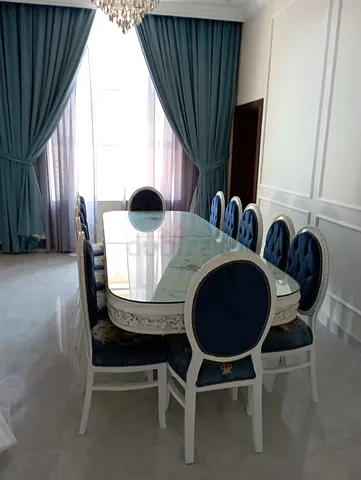 Elegant Dining Table Set (12 seats )with Blue Upholstered Chairs