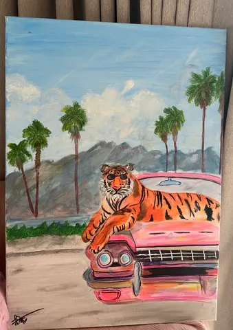 Wall art Colorful Tiger Painting on Vintage Car