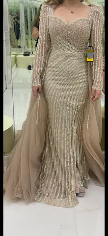 Beaded Champagne Long-Sleeve Mermaid Evening Gown
