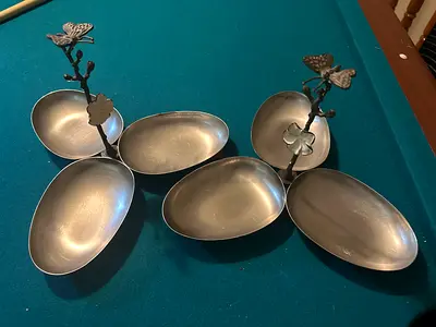 Set of 2 metal butterfly-handled multi-dish serving trays