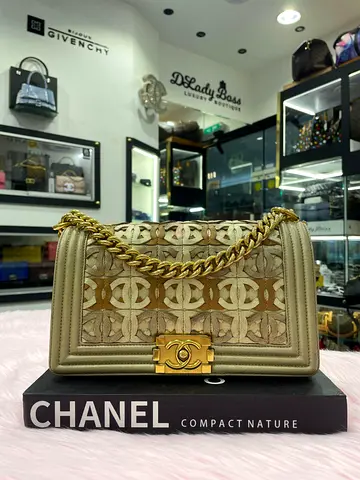 Chanel Gold CC Cut Out Leather Medium Boy Bag (Authentic/PreOwned)