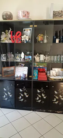 My black display cabinet with glass doors and shelves