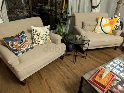 Elegant Living Room Sofa Set with Decorative Cushions and Children Wooden Playhouse Beds with Slide