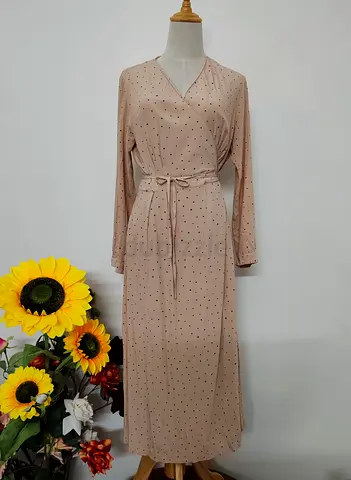 Elegant Beige Polka-Dot Long-Sleeve Belted Wrap Dress