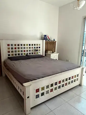 Solid wood King Size Stylish White Bed with Colorful Inserts