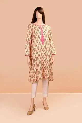 Beige Floral Embroidered Kurti — Brand New with Tag