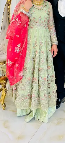 Mint green embroidered Anarkali suit with pink dupatta