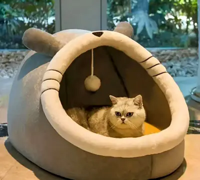 Cozy Little Bear Hooded Cat Bed with Hanging Toy - Gently Used