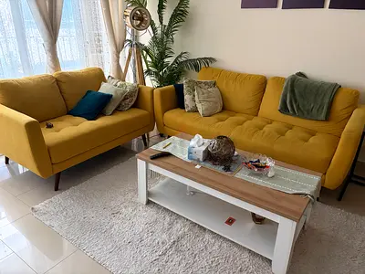 Mustard yellow 3-seater and 2-seater sofa set  good condition with central table