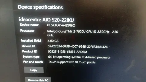 Lenovo ideacentre AIO 520-22IKU — Intel i3-7020U, 4GB RAM, Touch All-in-One