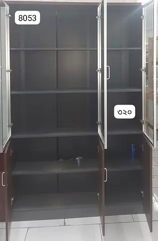 Black display cabinet with glass doors and adjustable shelves