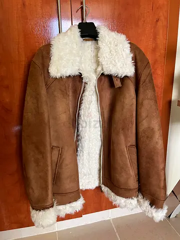 Unisex Brown Natural Suede Leather Faux Shearling Jacket with Natural white Real Sheep Fur Trim