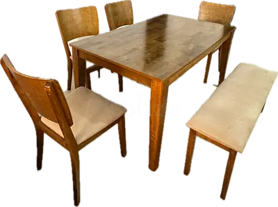 Wooden dining table set with 4 chairs and bench