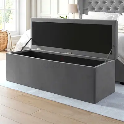 Gray velvet upholstered Ottoman storage