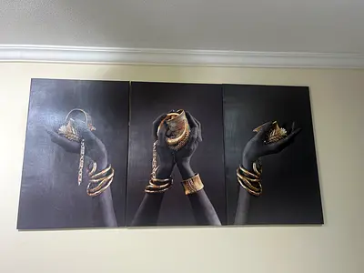 Set of 3 Abstract Blue  Gold Canvas Wall  Panels 2 paces 180*90 cm