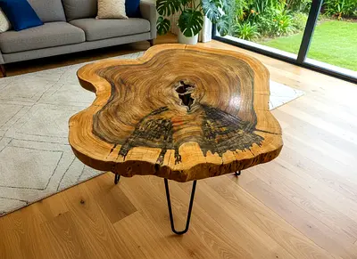 Live Edge Solid Wood Coffee Table with Natural Tree Ring Design 70 cm height 40 cm