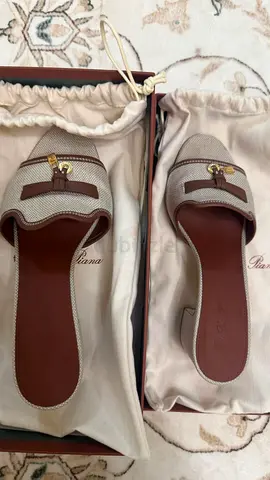 Beige woven slide mules with brown leather trim and dust bags - Loropiana - size 37