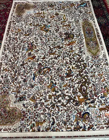 Cream Persian-style hunting scene rug — used, good condition