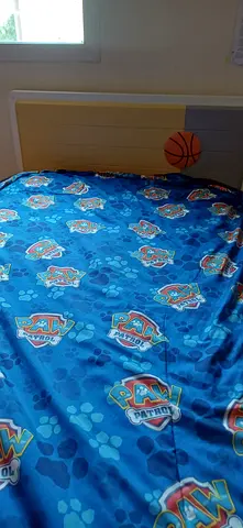 Bed frame with mattress and Kids Single Duvet Cover - Blue Cartoon Design