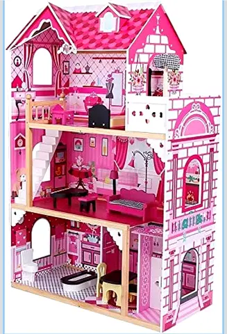 Pink wooden 3-storey dollhouse with furniture (good condition)