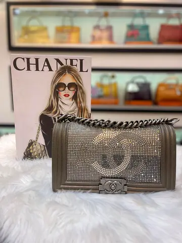 Chanel CC Crystal Boy Medium Grey Leather Flap Bag (Authentic/PreOwned)
