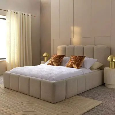 Beige upholstered platform bed with padded headboard — gently used