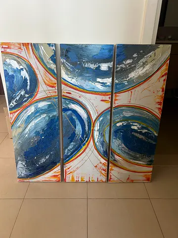 Set of 3, hand-painted abstract blue circles triptych canvas in excellent quality
