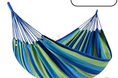 Blue  Green Striped Cotton Hammock — Good Condition, Ready for Garden